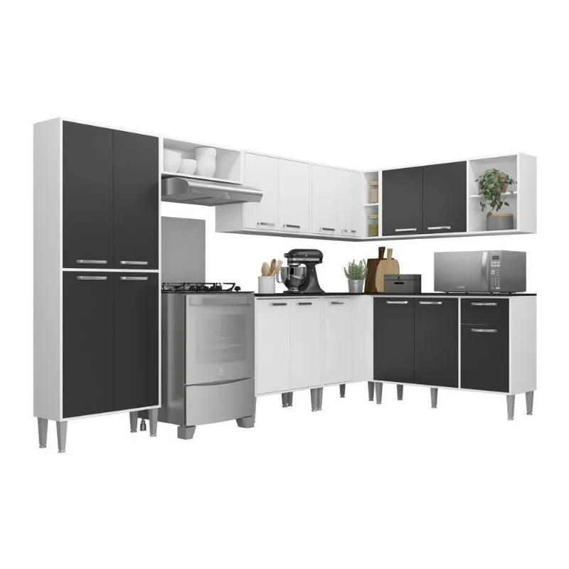 Armário De Cozinha Completa 8 Peças Xangai Soul Multimóveis Branco/Preto Branco/Preto