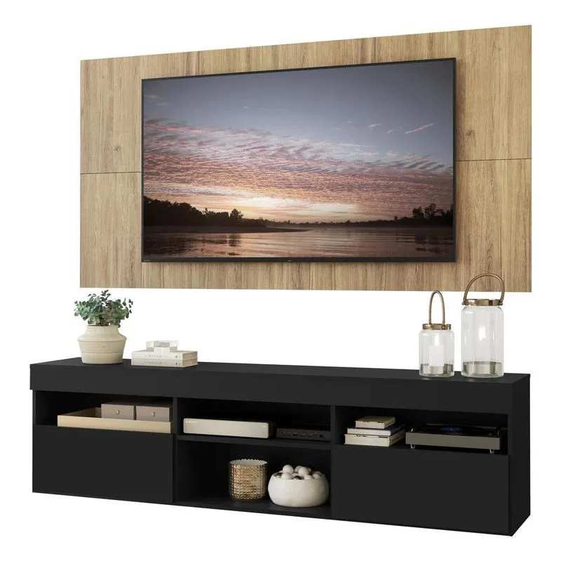 Rack com Painel TV 65" com 2 portas Londres Multimóveis V3334 Preto/Rustic