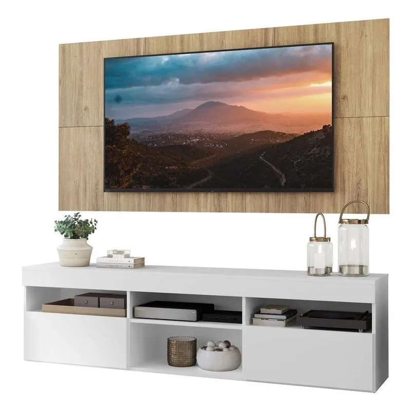 Rack com Painel TV 65" com 2 portas Londres Multimóveis V3334 Branco/Rustic