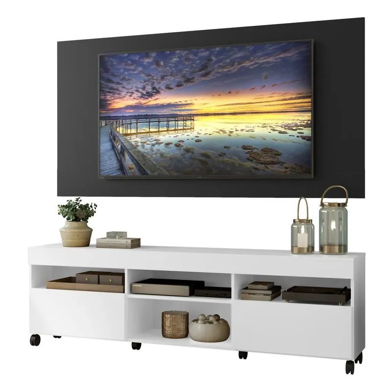 Rack com Painel TV 65" com Rodízios Londres Multimóveis V3335 Branco-preto