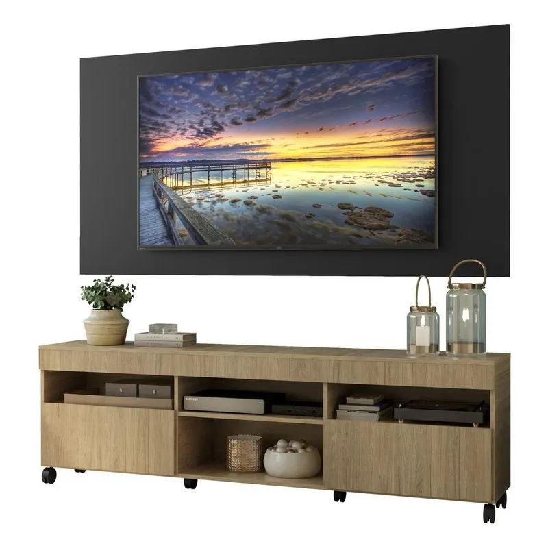 Rack com Painel TV 65" com Rodízios Londres Multimóveis V3335 Rustic/Preto