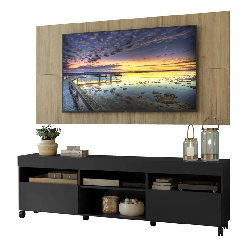 Rack com Painel TV 65" com Rodízios Londres Multimóveis V3335 Preto/Rustic
