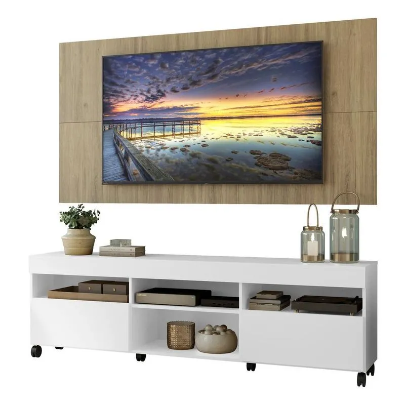 Rack com Painel TV 65" com Rodízios Londres Multimóveis V3335 Branco/Rustic