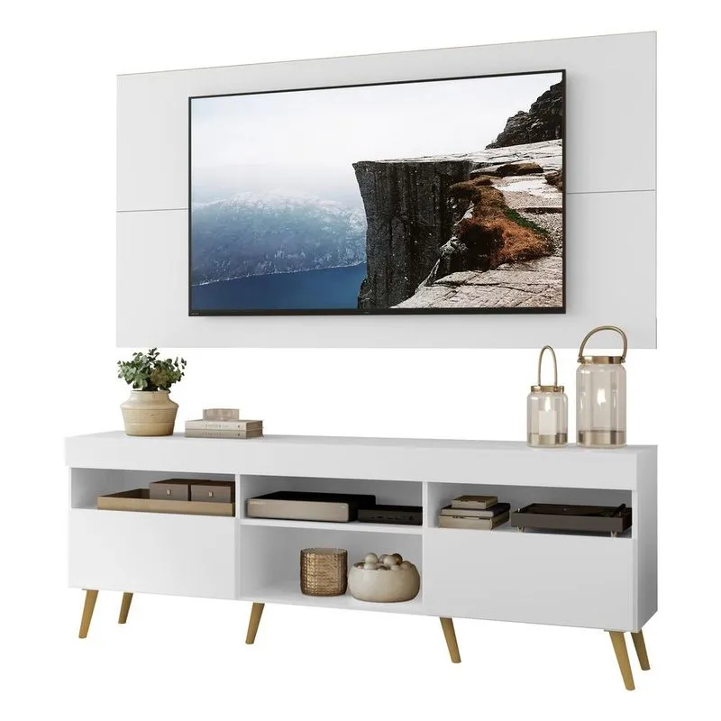 Rack com Painel TV 65" Retrô Londres Multimóveis V3337 Branco/Natural
