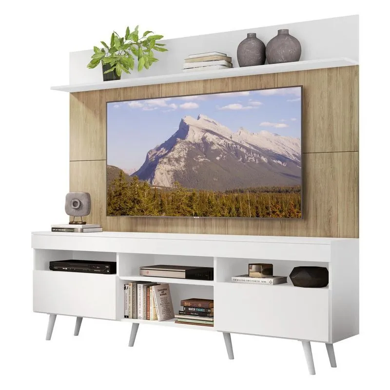 Rack Retrô com Painel TV 65" Madri Multimóveis V3371 Branco/Rustic/Branco