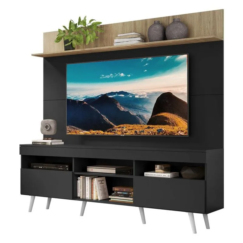 Rack Retrô com Painel TV 65" Madri Multimóveis V3371 Rustic/Preto/Branco