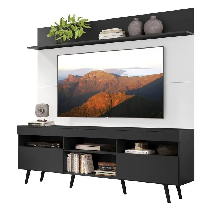 Rack Retrô com Painel e Suporte TV 65" Madri Multimóveis V3374 Preto/Branco/Preto