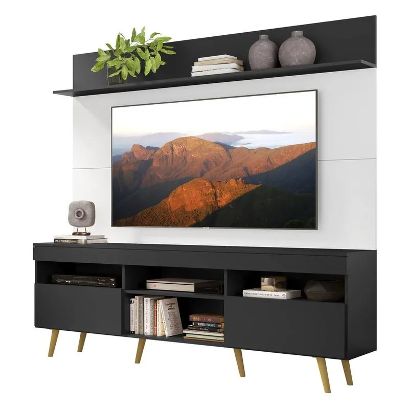 Rack Retrô com Painel e Suporte TV 65" Madri Multimóveis V3374 Preto/Branco/Natural
