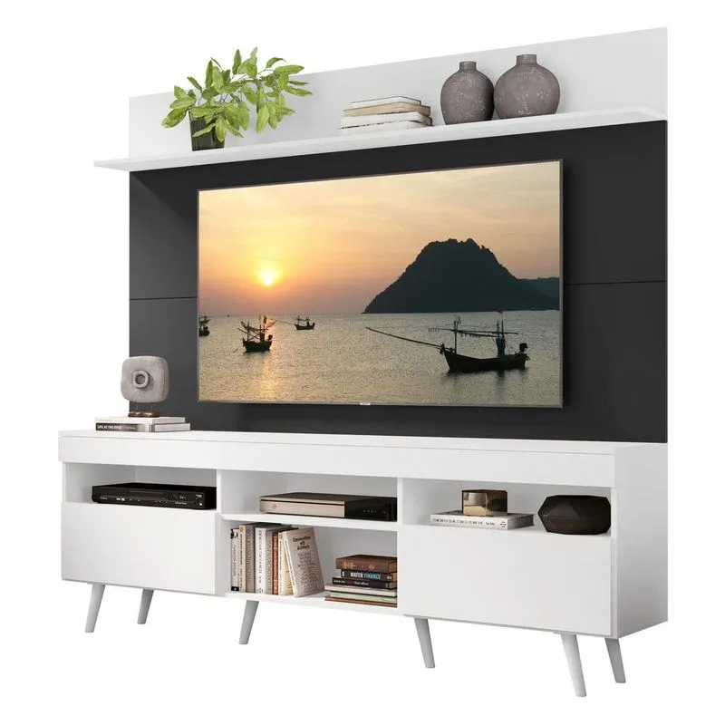Rack Retrô com Painel e Suporte TV 65" Madri Multimóveis V3374 Branco/Preto/Branco