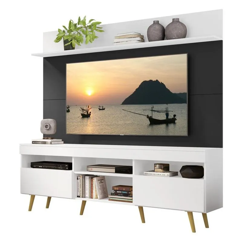 Rack Retrô com Painel e Suporte TV 65" Madri Multimóveis V3374 Branco/Preto/Natural