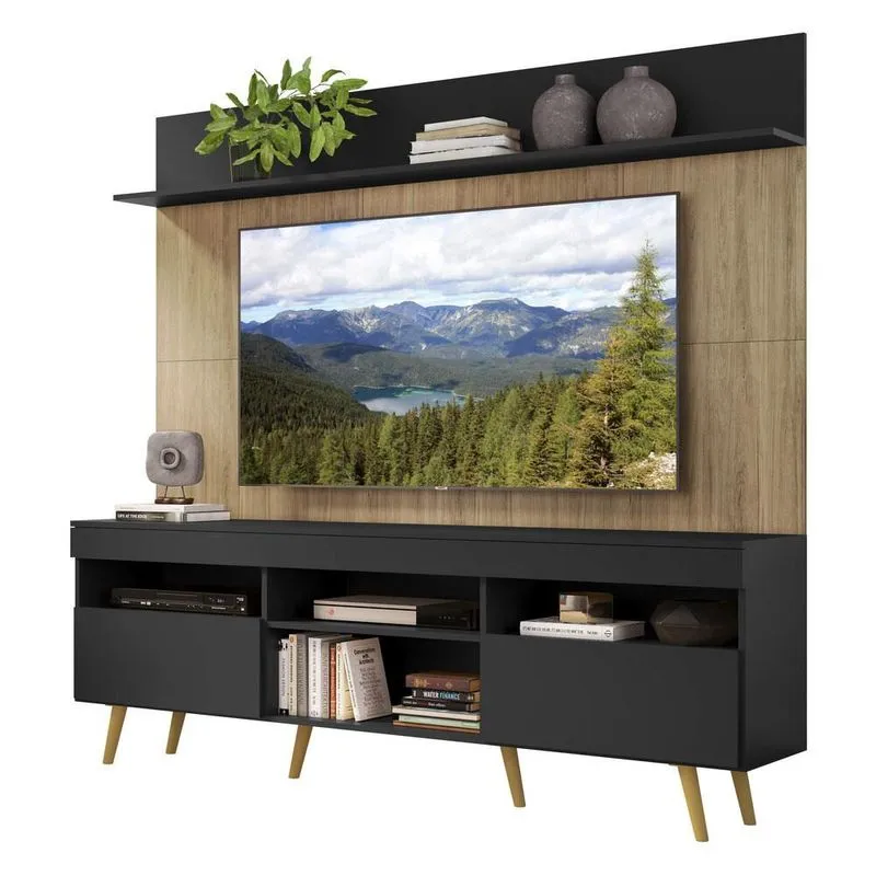 Rack Retrô com Painel e Suporte TV 65" Madri Multimóveis V3374 Preto/Rustic/Natural