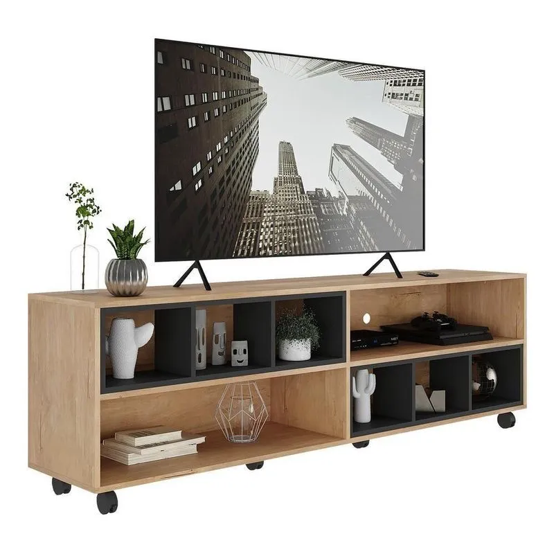 Rack Tv 75 Com Rodízios E Nichos Jazz Multimóveis V1020 Rustic/Preto Rustic/Preto