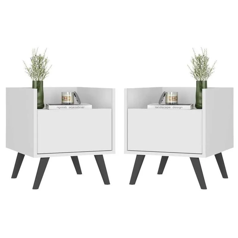 Kit com 2 Mesas de Cabeceira 40cm Retrô Multimóveis V4044 Branco-preto