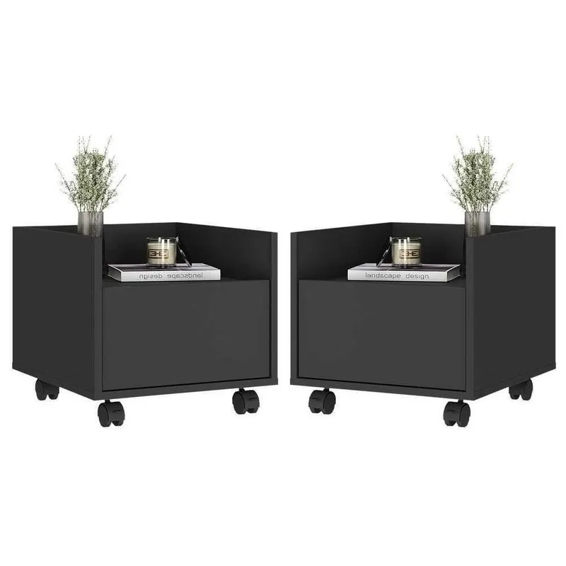 Kit Com 2 Mesas De Cabeceira 40Cm Com Rodízios Multimóveis V4045 Preta Preto