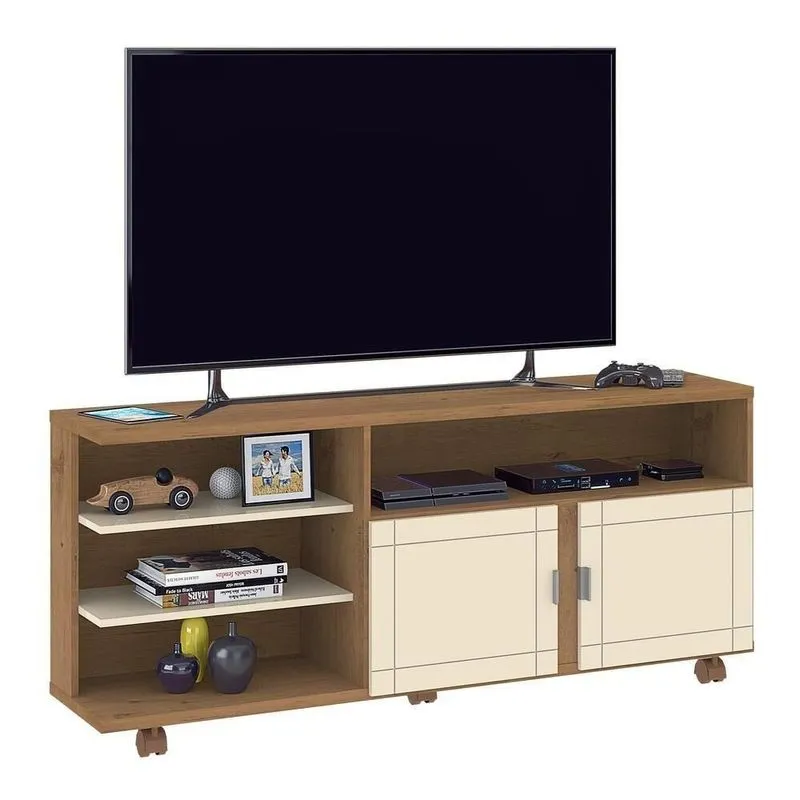 Rack Tv Até 65" Com 2 Portas E Rodízios Multimóveis Cr45222 Canelato Rústico/natura Off White