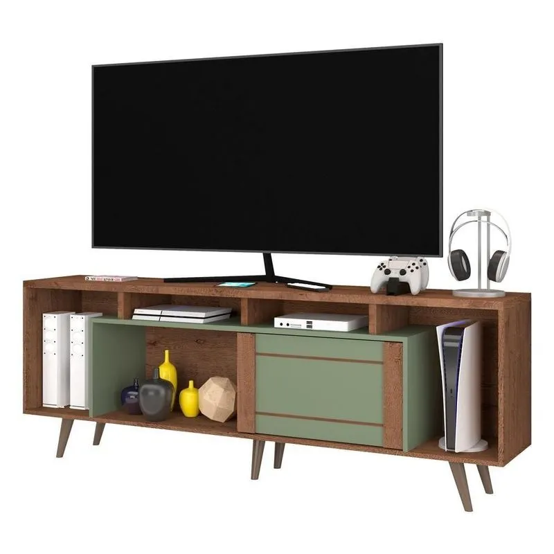 Rack Tv Até 75" Com 1 Porta E Pés Retrô Multimóveis Freijó Rústico-green Freijó Rústico-green