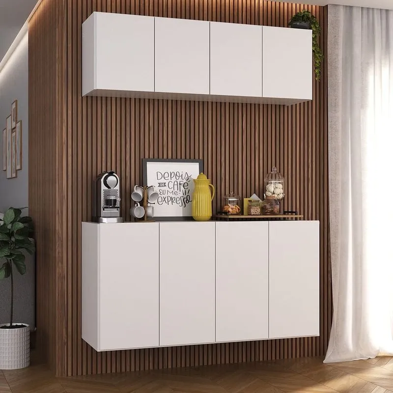 Kit Aparador Buffet com Armário Aéreo 4 Portas Cantinho do Café Multimóveis MP1074 Branco