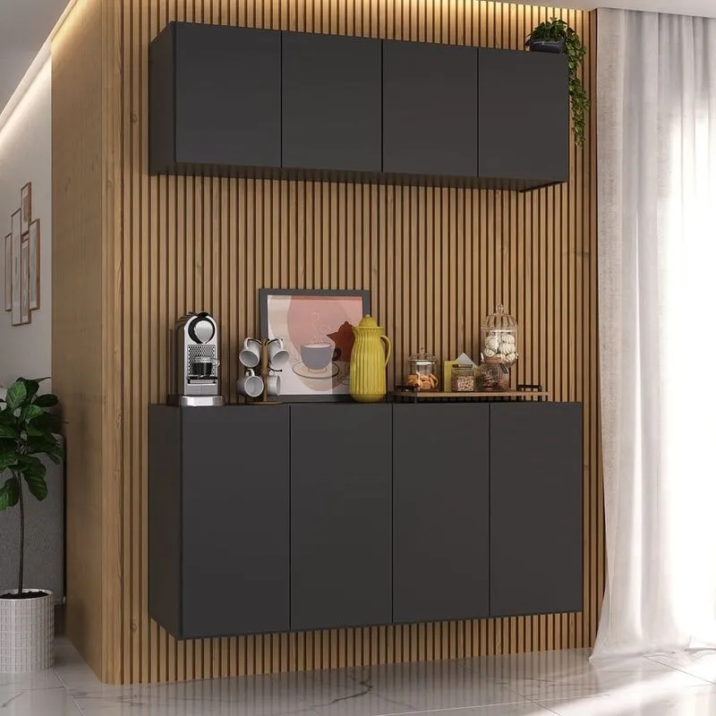 Kit Aparador Buffet com Armário Aéreo 4 Portas Cantinho do Café Multimóveis MP1074 Preto