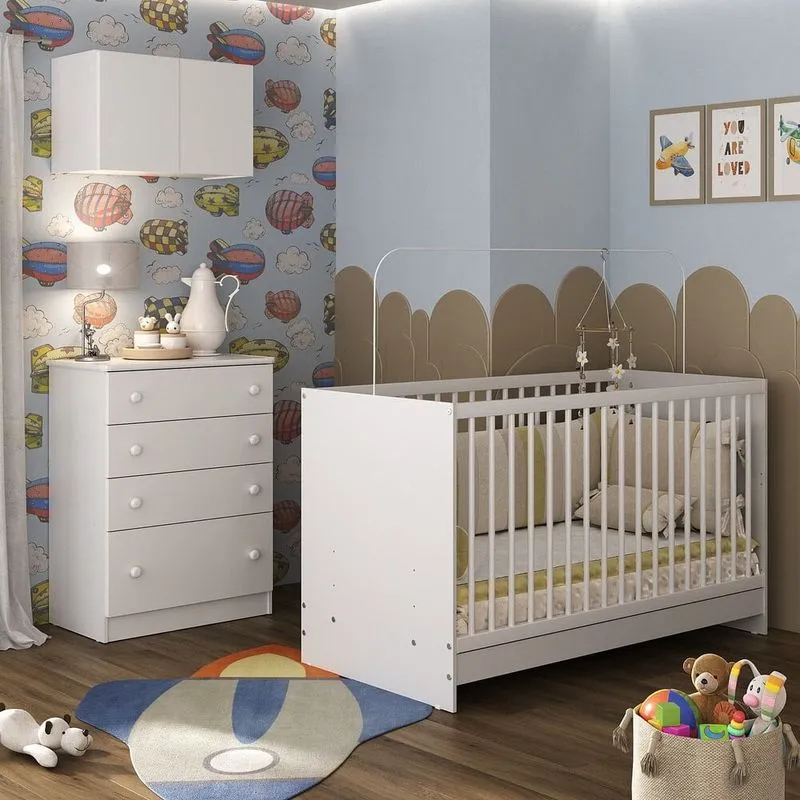 Berço 3 em 1 com Armário Aéreo e Cômoda Multimóveis MP4146 Branco