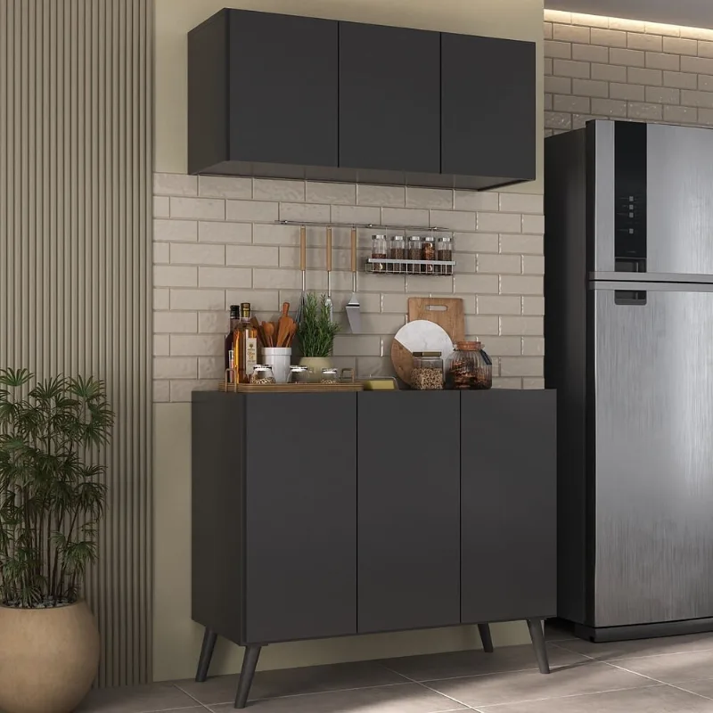 Kit Armário de Cozinha Aéreo e Balcão 3 Portas Retrô Multimóveis MP2168 Preto