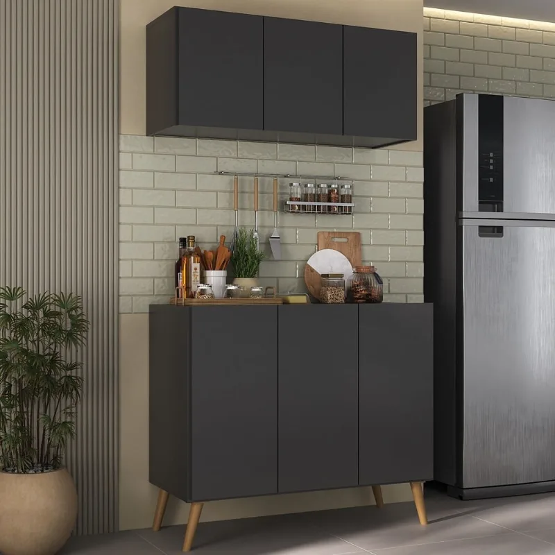Kit Armário de Cozinha Aéreo e Balcão 3 Portas Retrô Multimóveis MP2168 Preto/Natural - Multimóveis