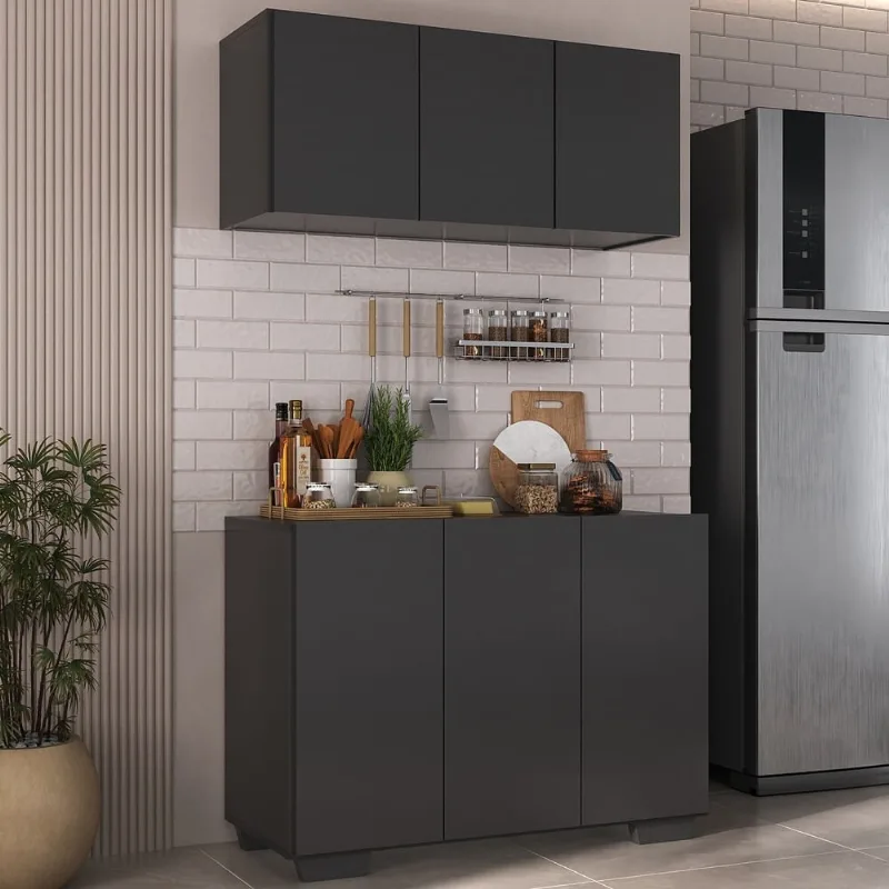 Kit Armário de Cozinha Aéreo e Balcão 3 Portas Multimóveis MP2169 Preto