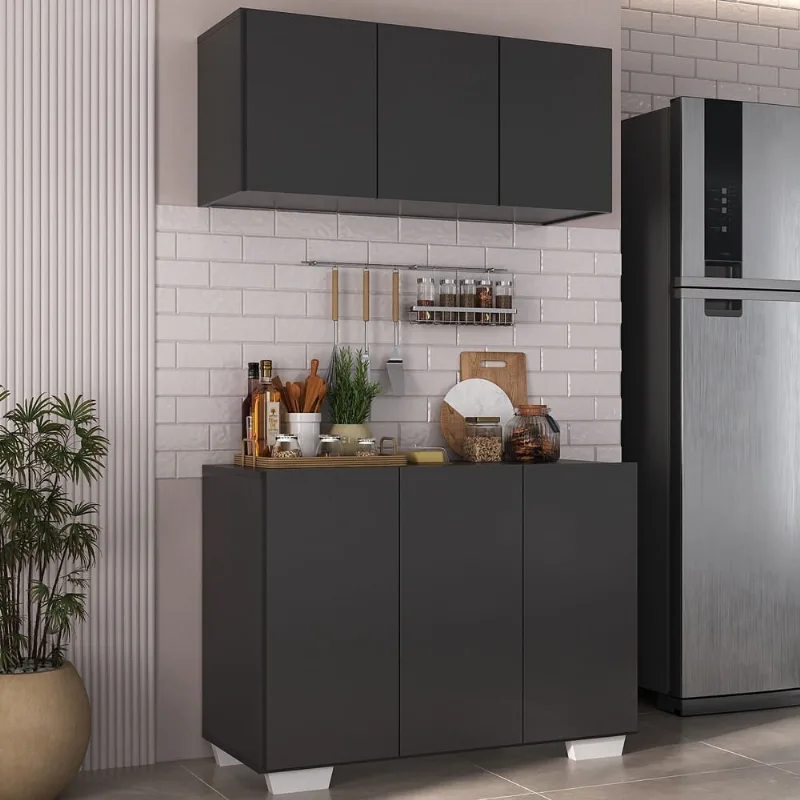 Kit Armário de Cozinha Aéreo e Balcão 3 Portas Multimóveis MP2169 Preto/Branco