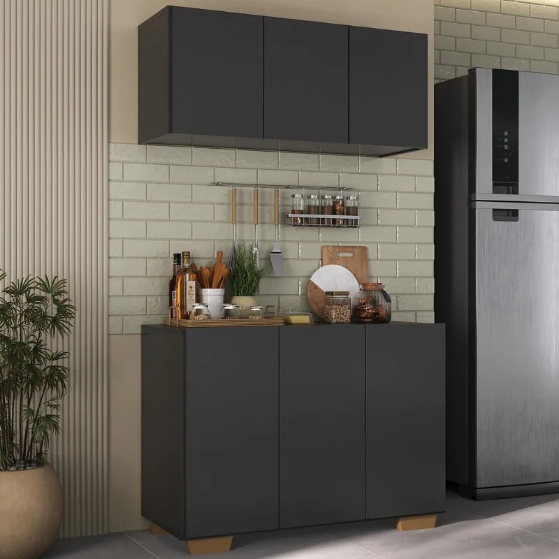 Kit Armário de Cozinha Aéreo e Balcão 3 Portas Multimóveis MP2169 Preto/Natural