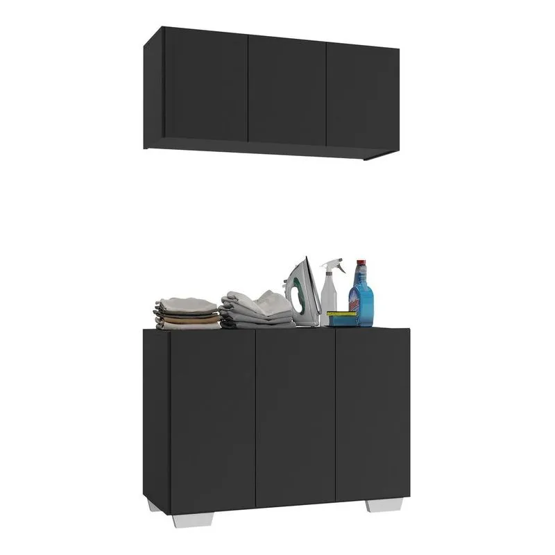 Conjunto Lavanderia Multiuso Armário Aéreo e Balcão 3 Portas Multimóveis MP5051 Preto-branco