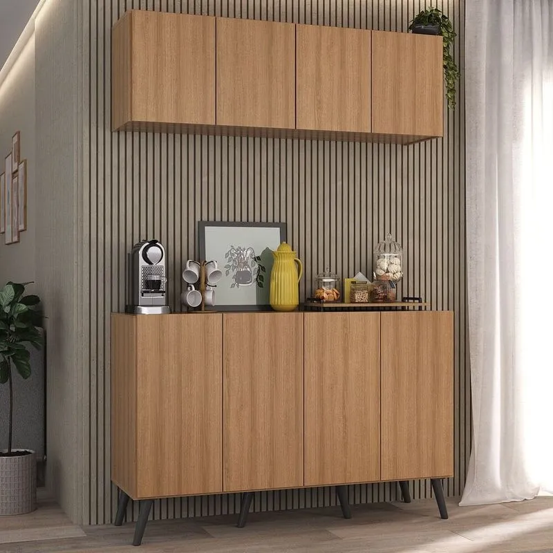 Conjunto Cantinho do Café Retrô Armário e Aparador 4 portas Multimóveis MP1084 Rustic/Preto