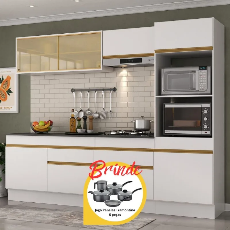 Armário Cozinha Completa 5 Pç c/Rodapé Made MP2181 Multimóveis + Brinde Jogo de Panelas Tramontina Branco/Dourado - Multimóveis