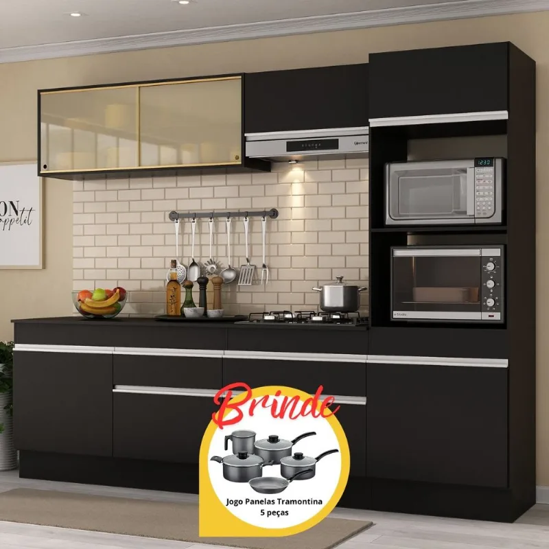 Armário Cozinha Completa 5 Pç c/Rodapé Made MP2181 Multimóveis + Brinde Jogo de Panelas Tramontina Preto/Branco