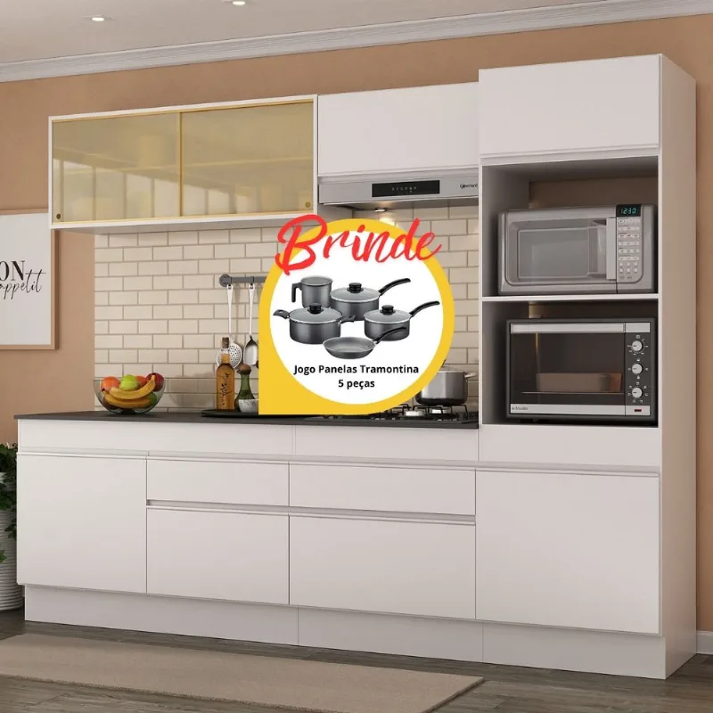Armário Cozinha Completa 5 Pç c/Rodapé Made MP2181 Multimóveis + Brinde Jogo de Panelas Tramontina Branco