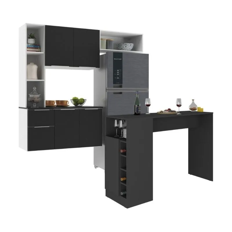 Armário de Cozinha com Mesa Gourmet Sofia Multimóveis MP2197 Branco-preto