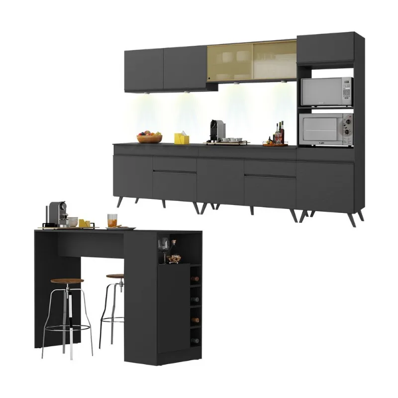 Armário de Cozinha Completa com Bancada Americana Veneza Multimóveis MP2199 Preto