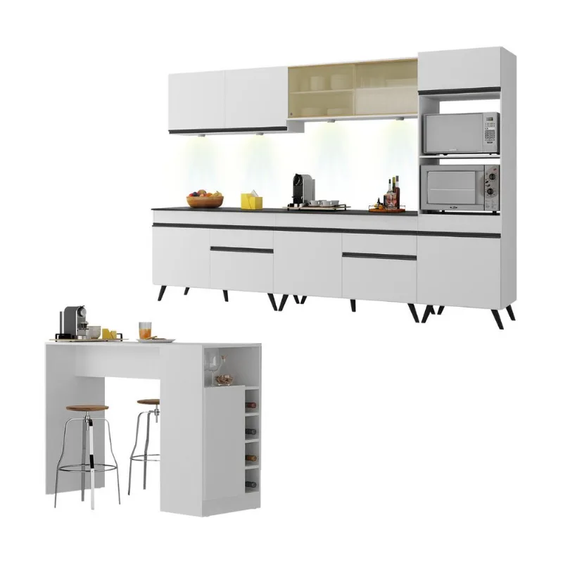Armário de Cozinha Completa com Bancada Americana Veneza Multimóveis MP2199 Branco/Preto