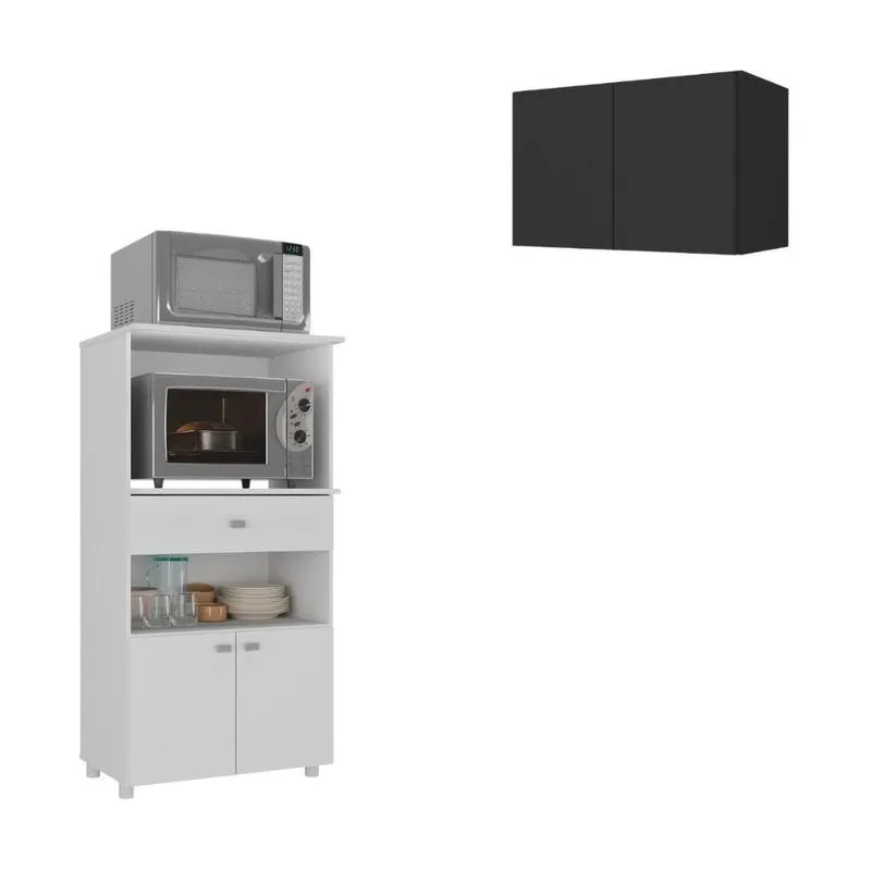 Kit Armário de Cozinha 2 Portas com Balcão Multiuso Multimóveis MP2238 Branco-preto