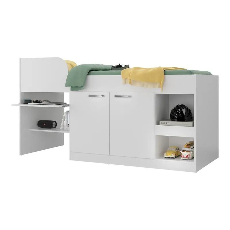 Cama Solteiro Multifuncional Com Colchão Incluso 2 Portas E Escrivaninha Multimóveis Mp4235 Branco Branco