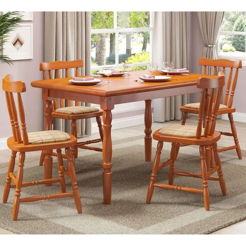 Conjunto Mesa de Jantar 125cm com 4 Cadeiras Estofadas Multimóveis CR50084 Mel