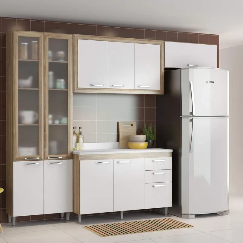 Cozinha Completa com Balcão com Tampo e Paneleiro Vidro 5 Peças 10 Portas Toscana Multimóveis Argila/Branco