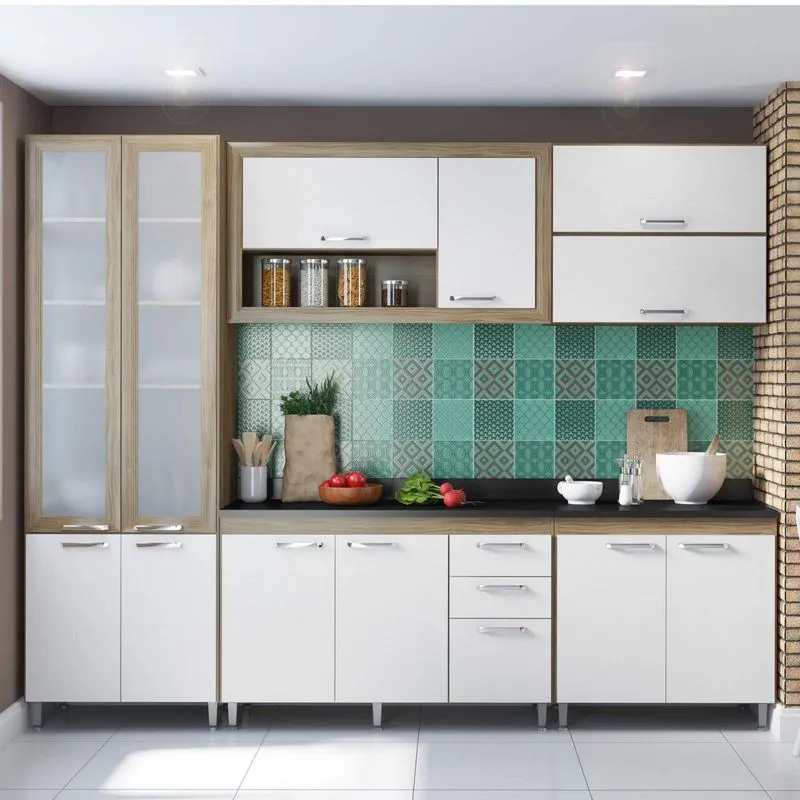 Cozinha Completa com Tampo e Vidro 12 Portas 7 Peças Toscana Multimóveis Argila/Preto