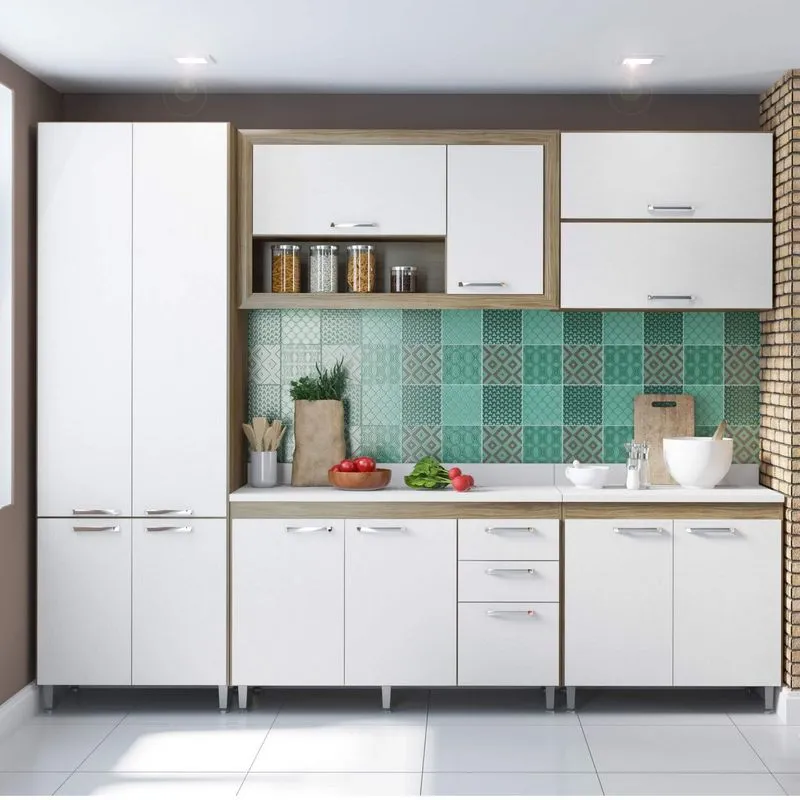 Cozinha Completa com Tampo 12 Portas 7 Peças Toscana Multimóveis Argila/Branco