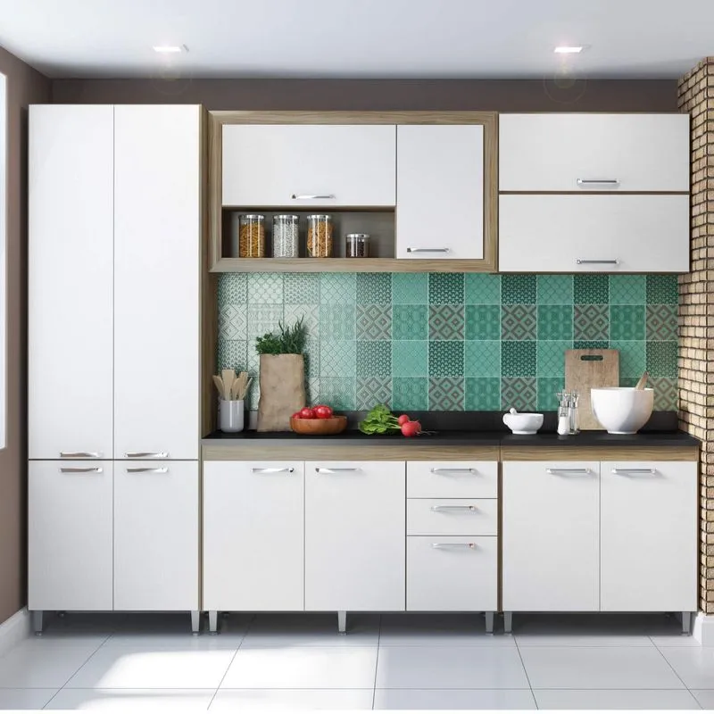 Cozinha Completa com Tampo 12 Portas 7 Peças Toscana Multimóveis Argila/Preto