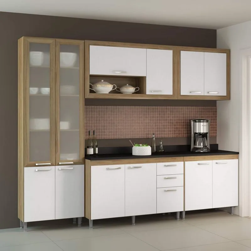 Cozinha Completa com Tampo e Vidro 12 Portas 6 Peças Toscana Multimóveis Argila/Branco/Preto