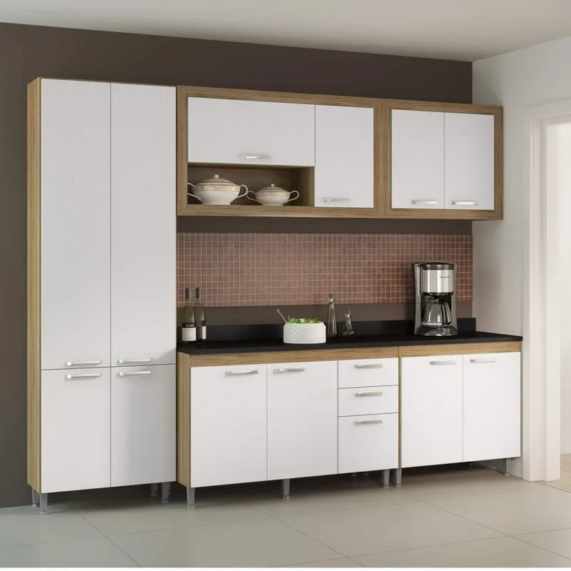Cozinha Completa com Tampo 12 Portas 6 Peças Toscana Multimóveis Argila/Branco/Preto