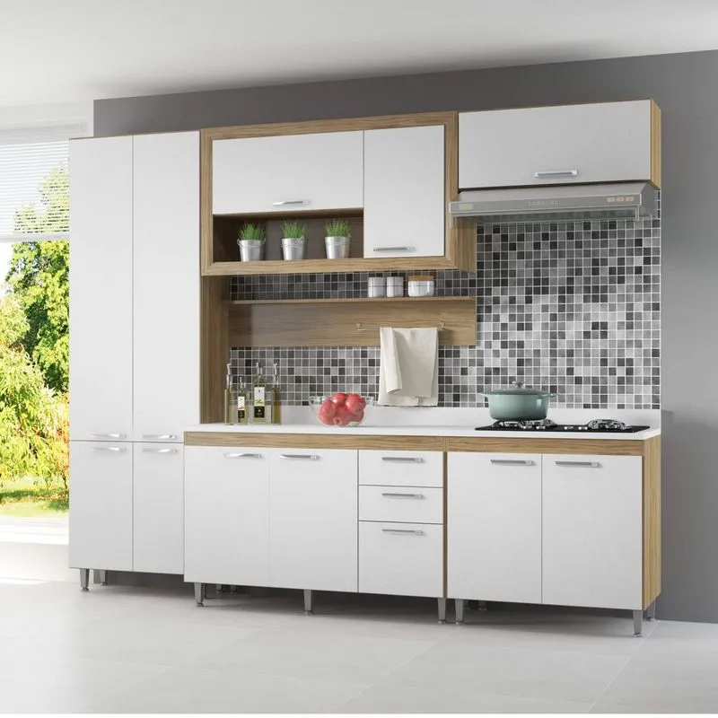 Cozinha Completa com Tampo 11 Portas 7 Peças Toscana Multimóveis Argila/Branco