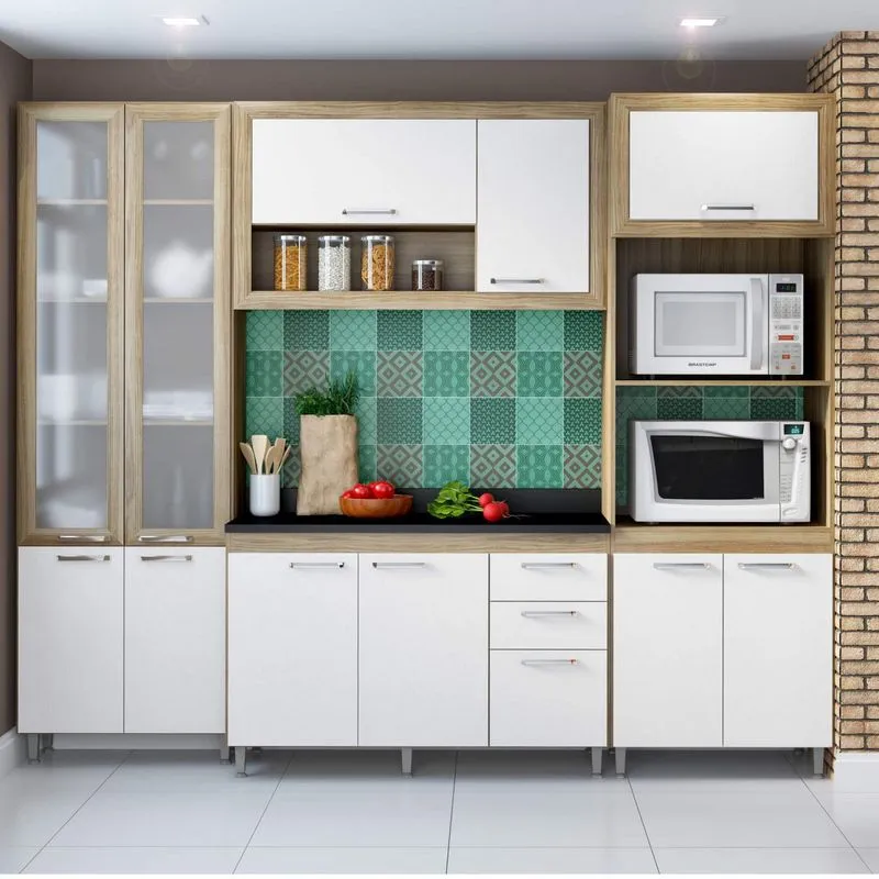 Cozinha Completa com Balcão com Tampo e Paneleiro Vidro 5 Peças 11 Portas Toscana Multimóveis Argila/Branco/Preto