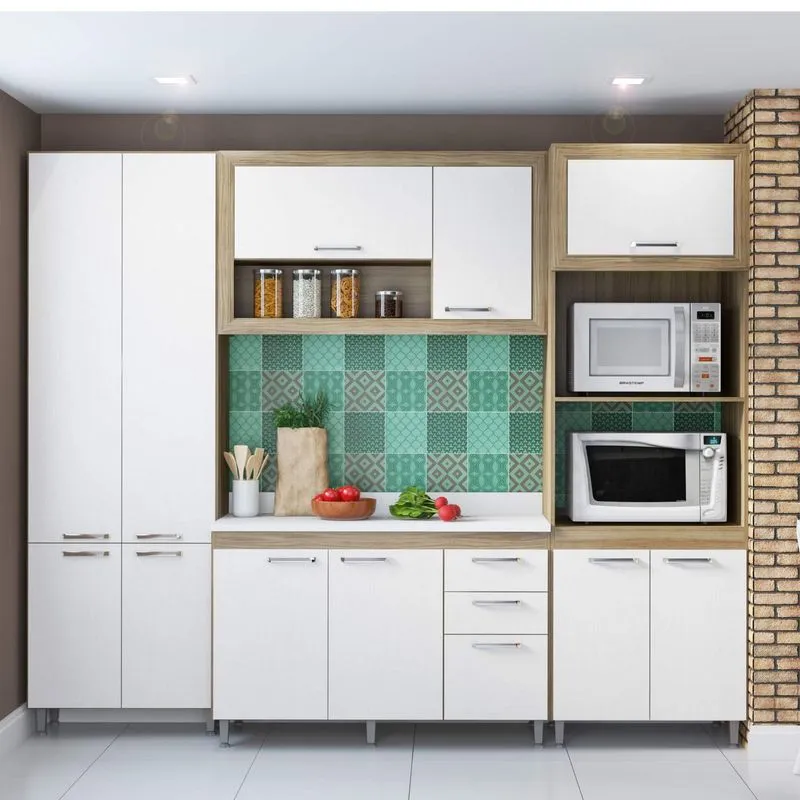Cozinha Completa com Balcão com Tampo 5 Peças 11 Portas Toscana Multimóveis Argila/Branco