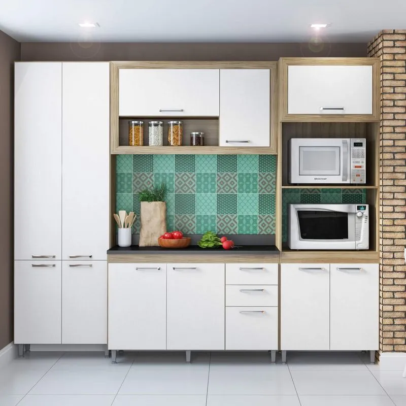 Cozinha Completa com Balcão com Tampo 5 Peças 11 Portas Toscana Multimóveis Argila/Branco/Preto