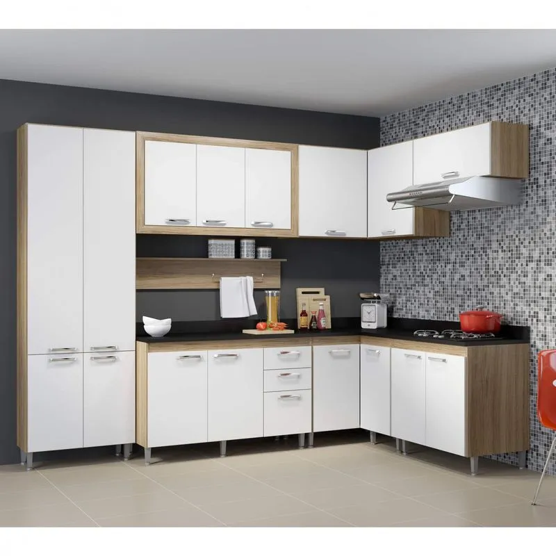 Cozinha Completa com Tampo 16 Portas 9 Peças Toscana Multimóveis Argila/Branco/Preto